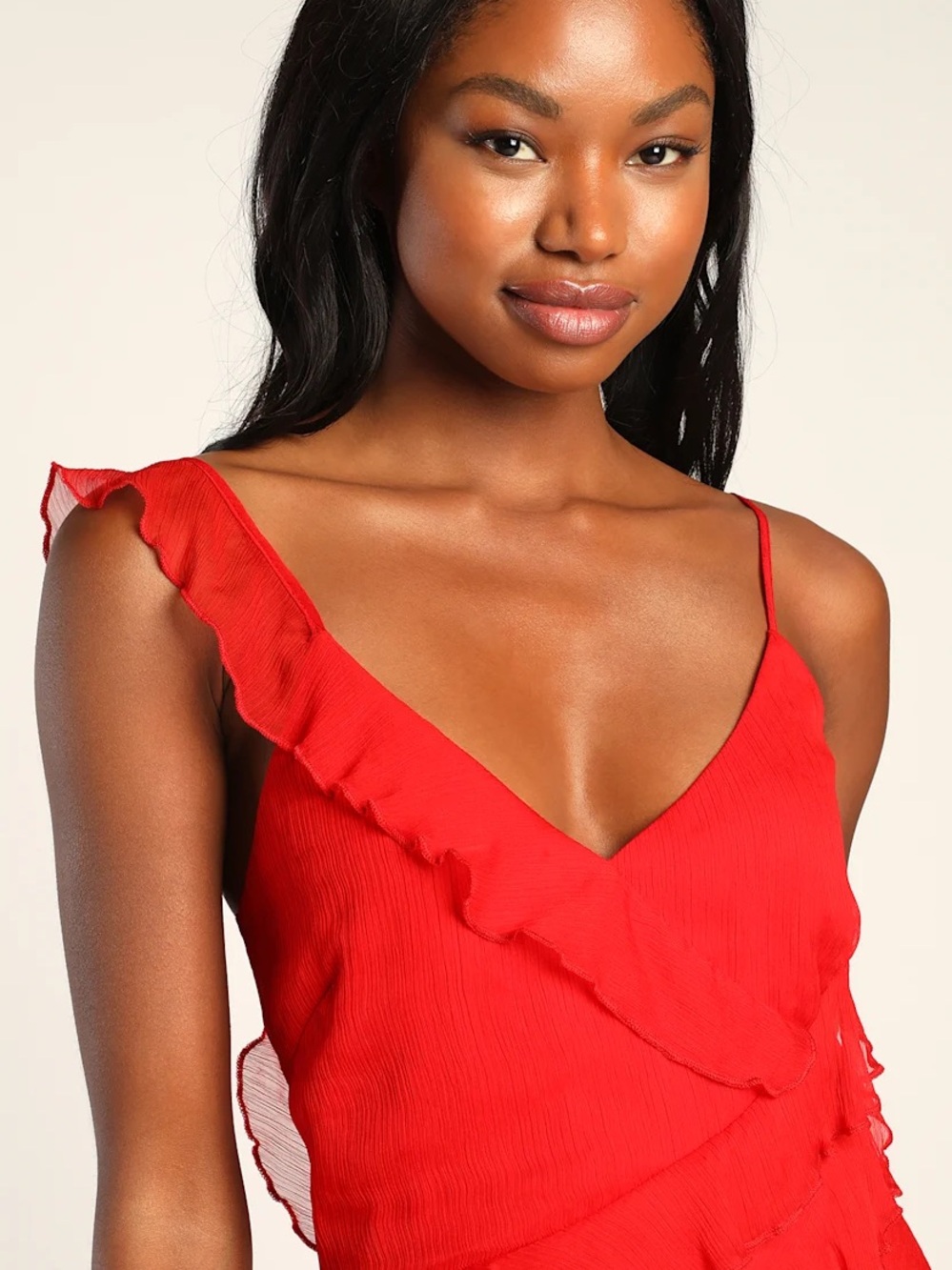 Lulu's Red Ruffled V-Neck Maxi with High Slit - Picture 3 of 5